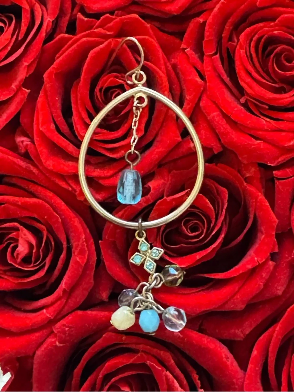 Boho Gold Hoop Charm Earrings | Cross Accent + Blue Crystal & Beaded Dangles