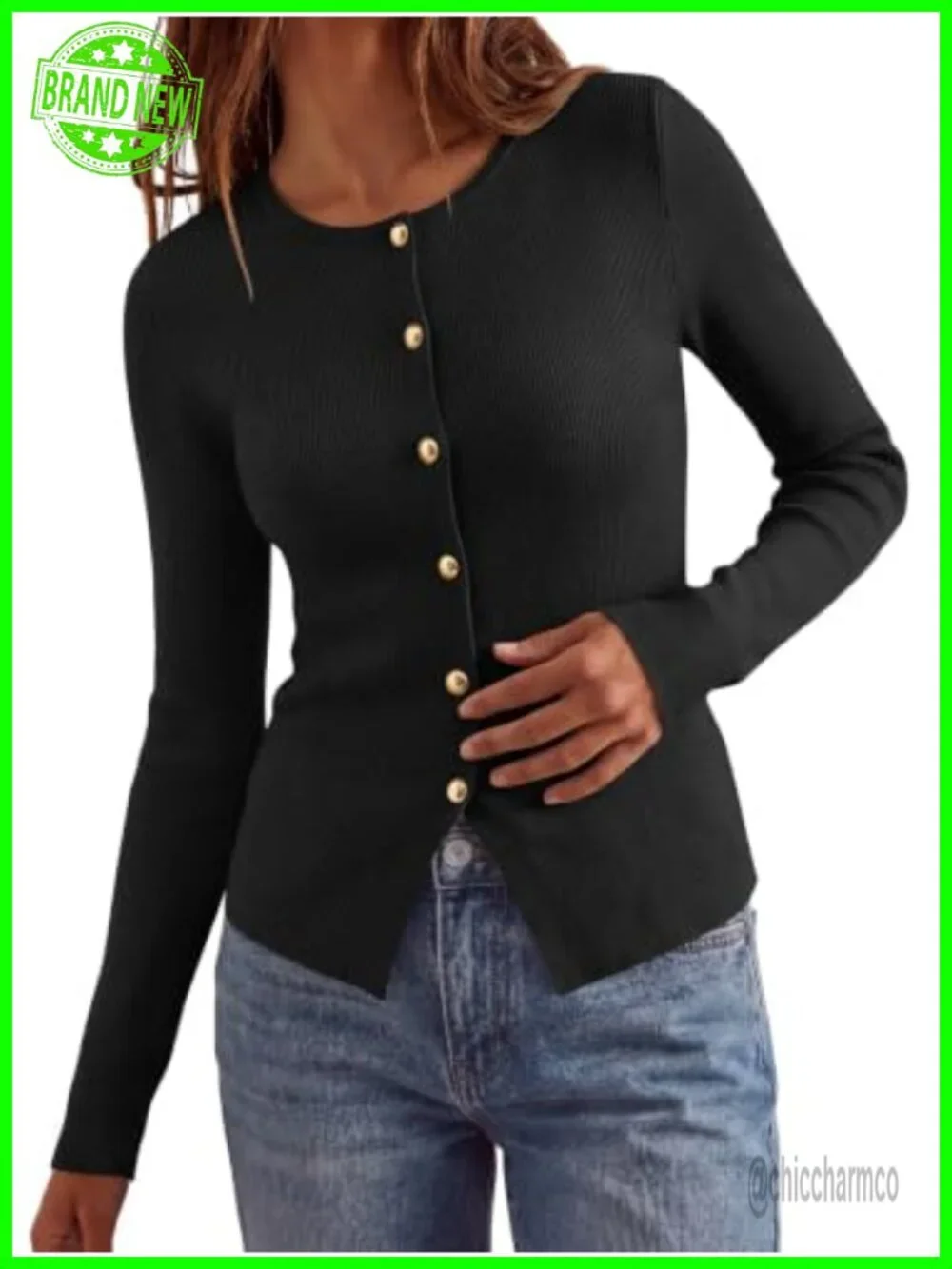 Long Sleeve Button Front Cardigan Sweater for Women Crewneck Ribbed Knit