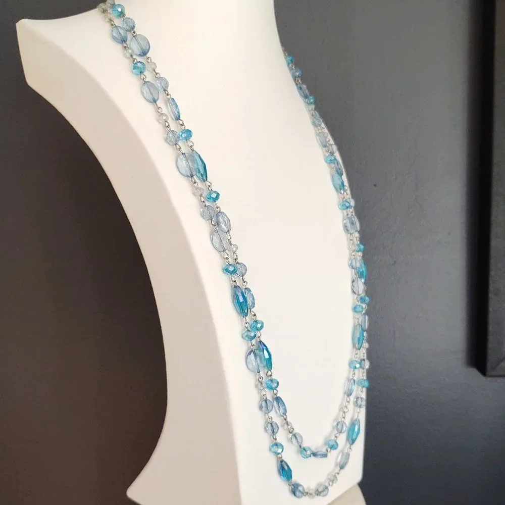 Long double strand blue beaded necklace