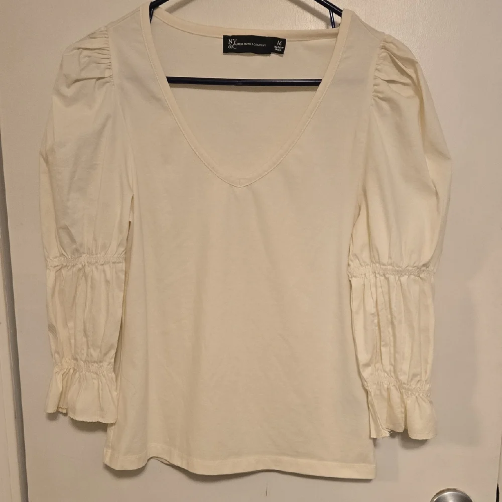 New York & Company Cream Blouse with Puff Sleeves