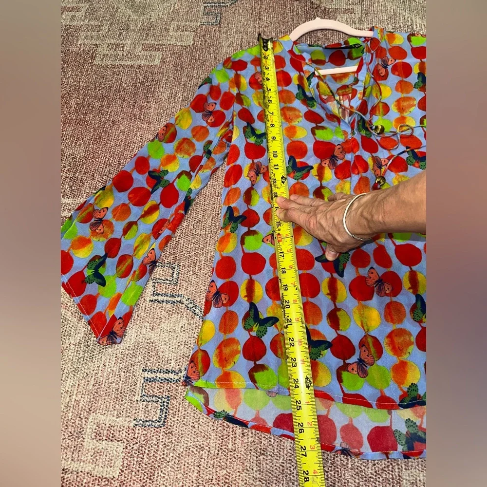 APNY polka dot butterfly 3/4 bell sleeve v neck vibrant flowy top XS