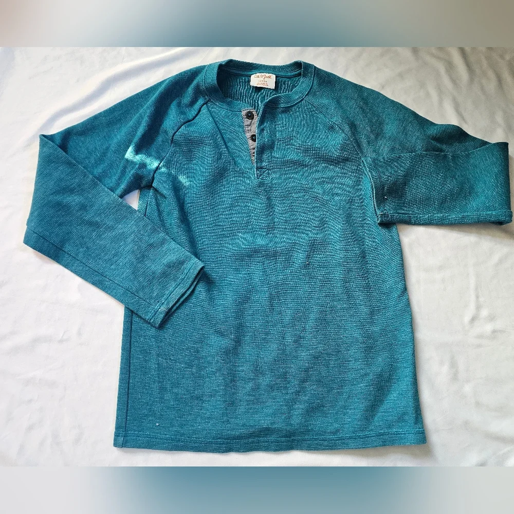 Cat & Jack Kids' Long-Sleeve Teal Waffle-Knit Henley Shirt- Large 12/14