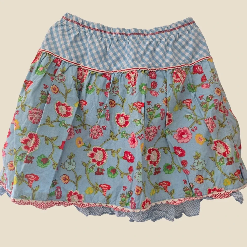 Oilily Girls Blue Floral Gingham Tiered Skirt Cotton Rick Rack Trim Size 7Y 122