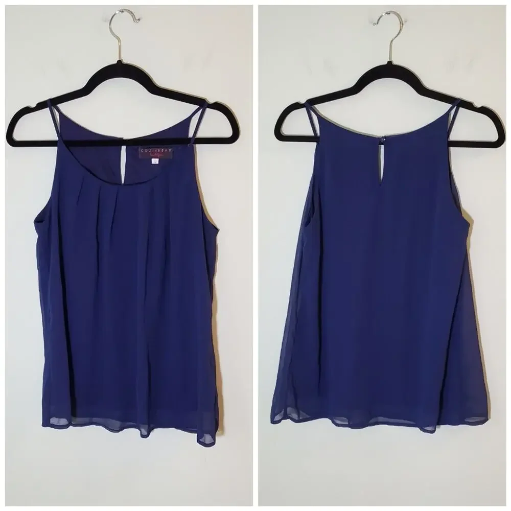 𖦹 Navy Pleated Chiffon Sleeveless Blouse Shell Top Business Casual Small