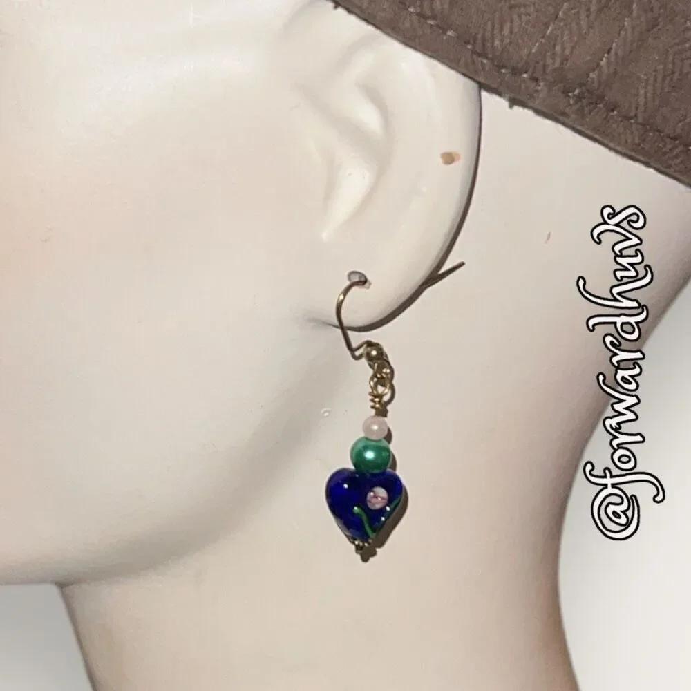 Bundle Sale 3 for $15 | Handmade Blue Glass Heart Earrings with Beads