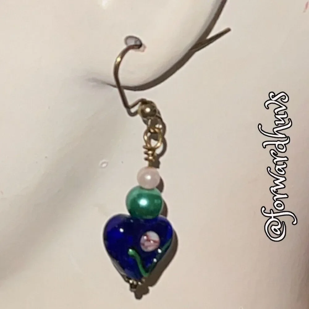 Bundle Sale 3 for $15 | Handmade Blue Glass Heart Earrings with Beads