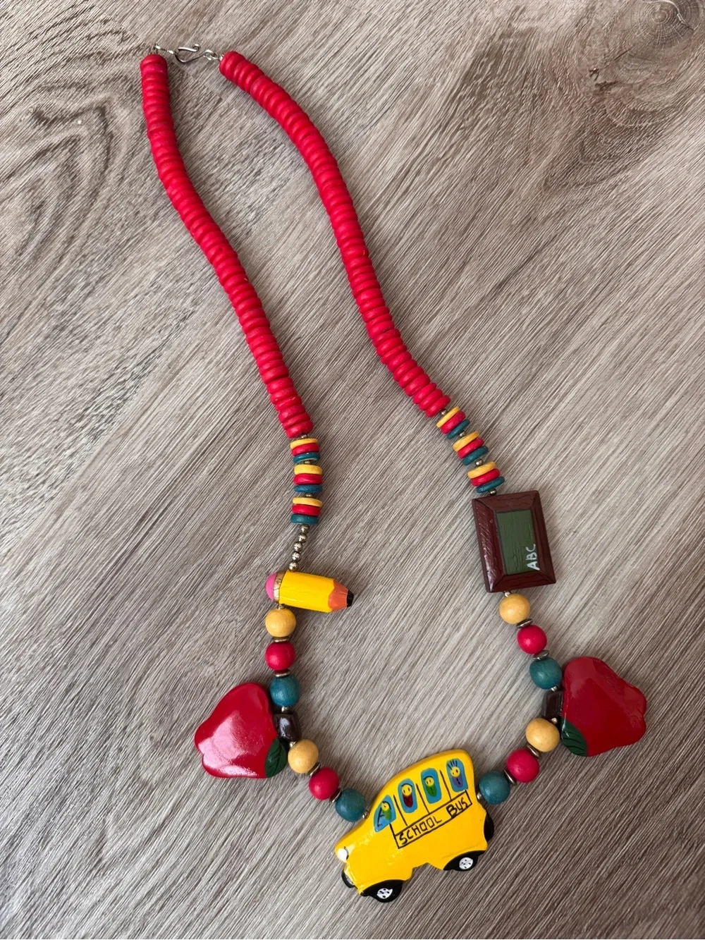 Teacher School Necklace Beaded Pencil Apple Bus Whimsical Vintage Red