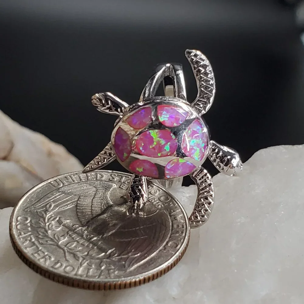 Solid Sterling Silver 925 Ring Opal Stone Turtle Animal Unique Jewelry