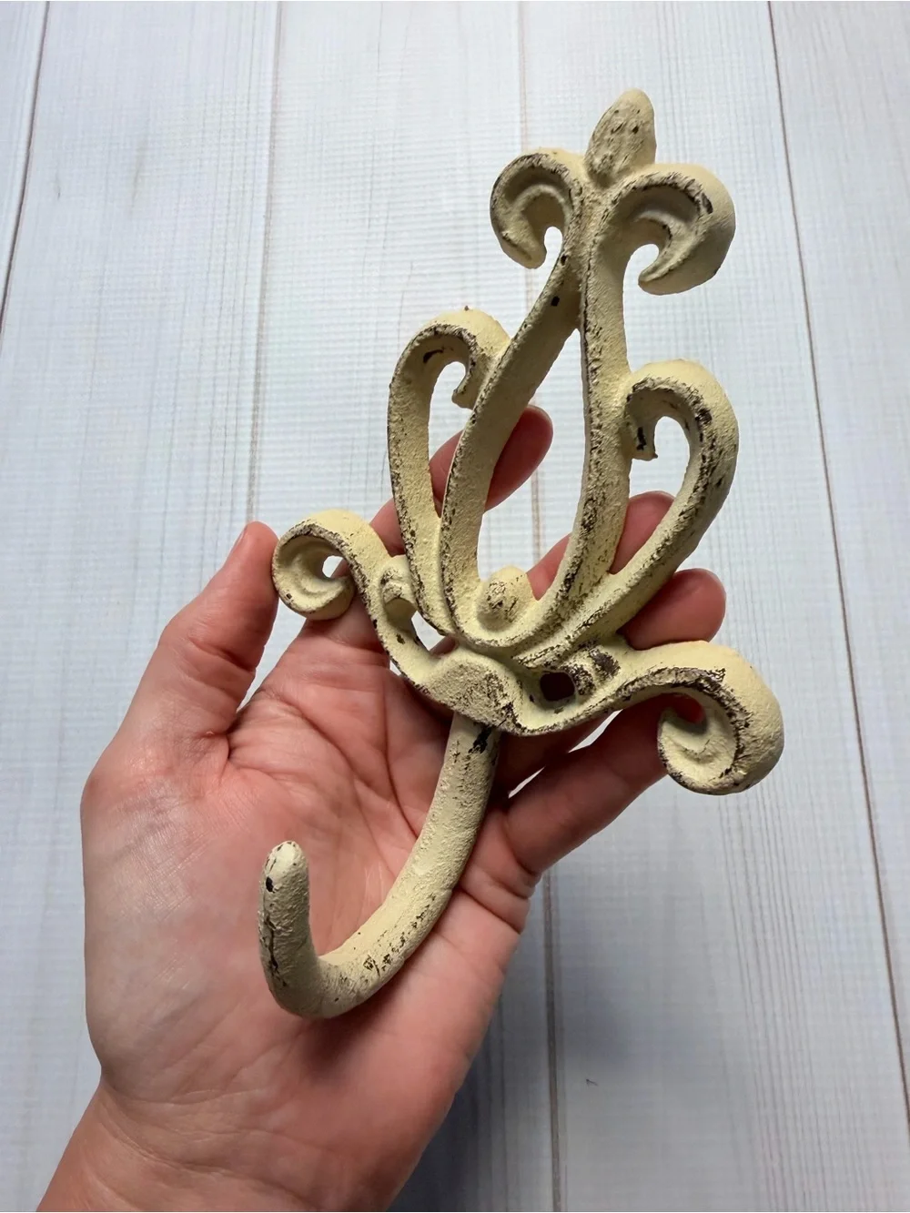 Distressed Cream Cast Iron Scroll Wall Hook French Country Shabby Chic