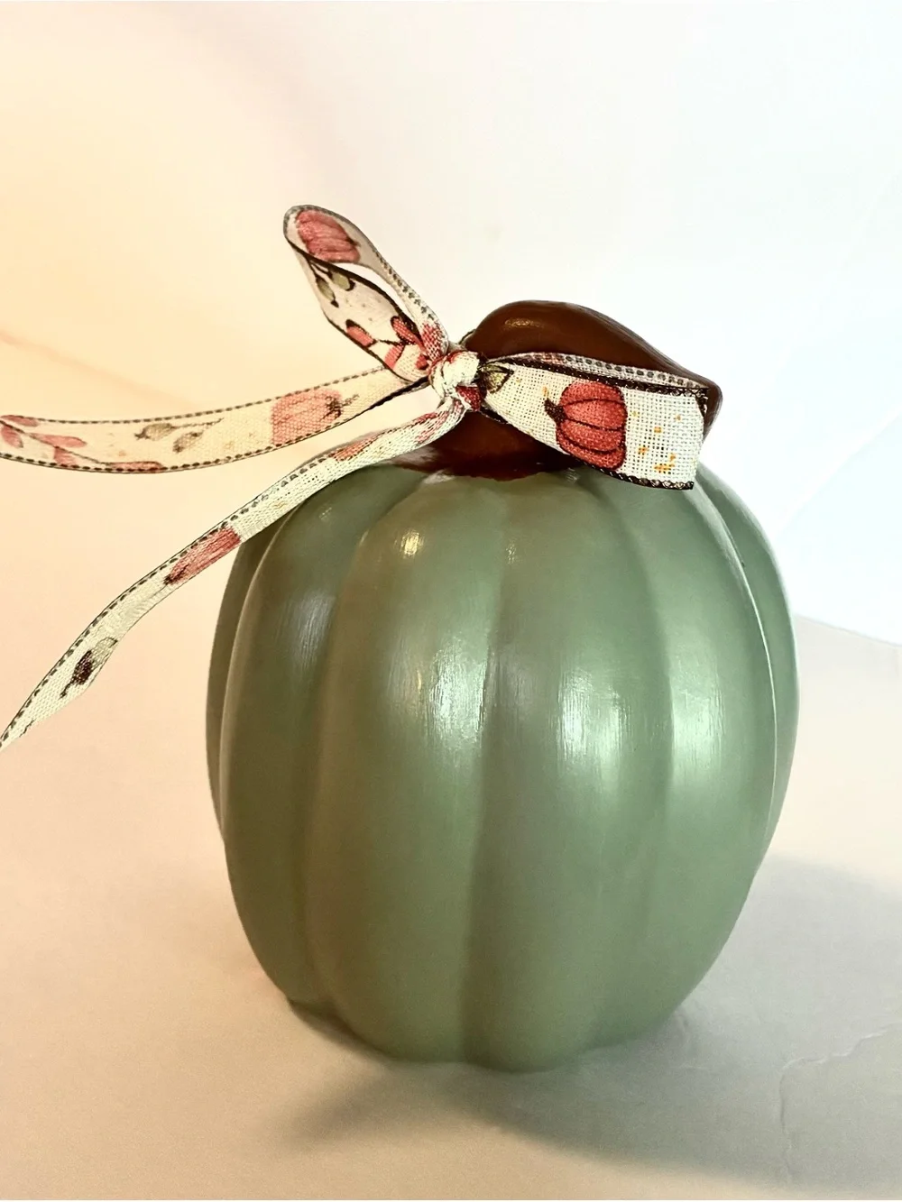 Green Ceramic Pumpkin Decor with Fall Bow