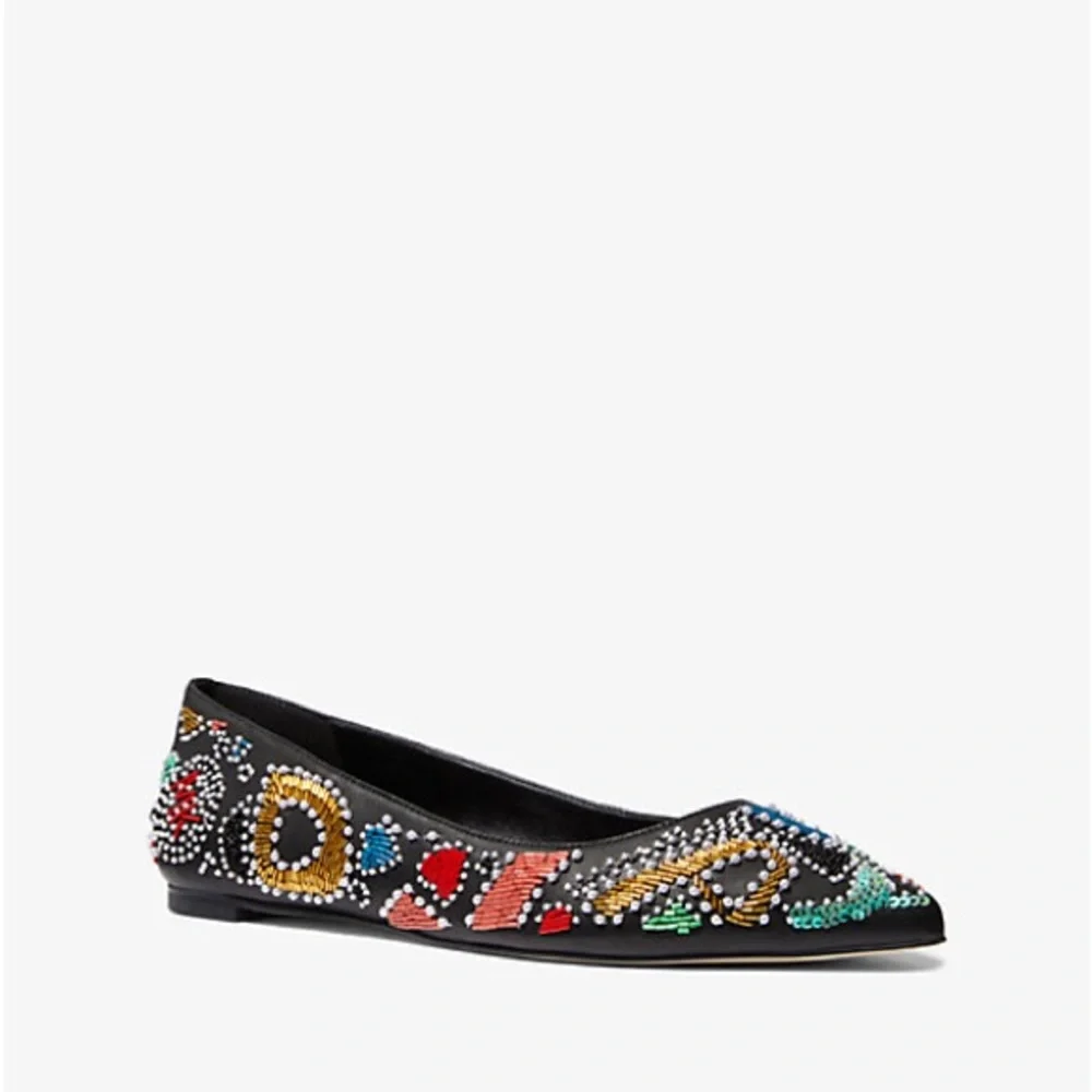MICHAEL KORS MK Mila Party Colorful Beaded Black Leather Pointed Toe Flats