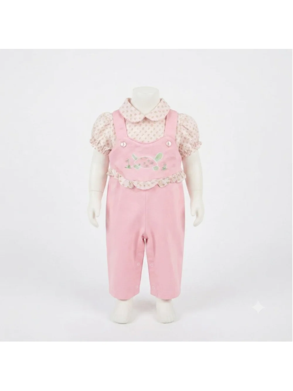 Vintage Toddler Baby Overalls Set 12 Months Pink Floral Embroidery Turtle Outfit