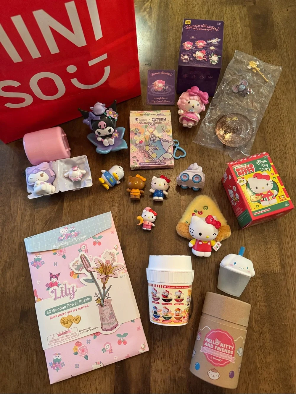 Hello Kitty Sanrio 13 Item Lot - Figures, Puzzle, Key Chain, Squish Toys, Blinds