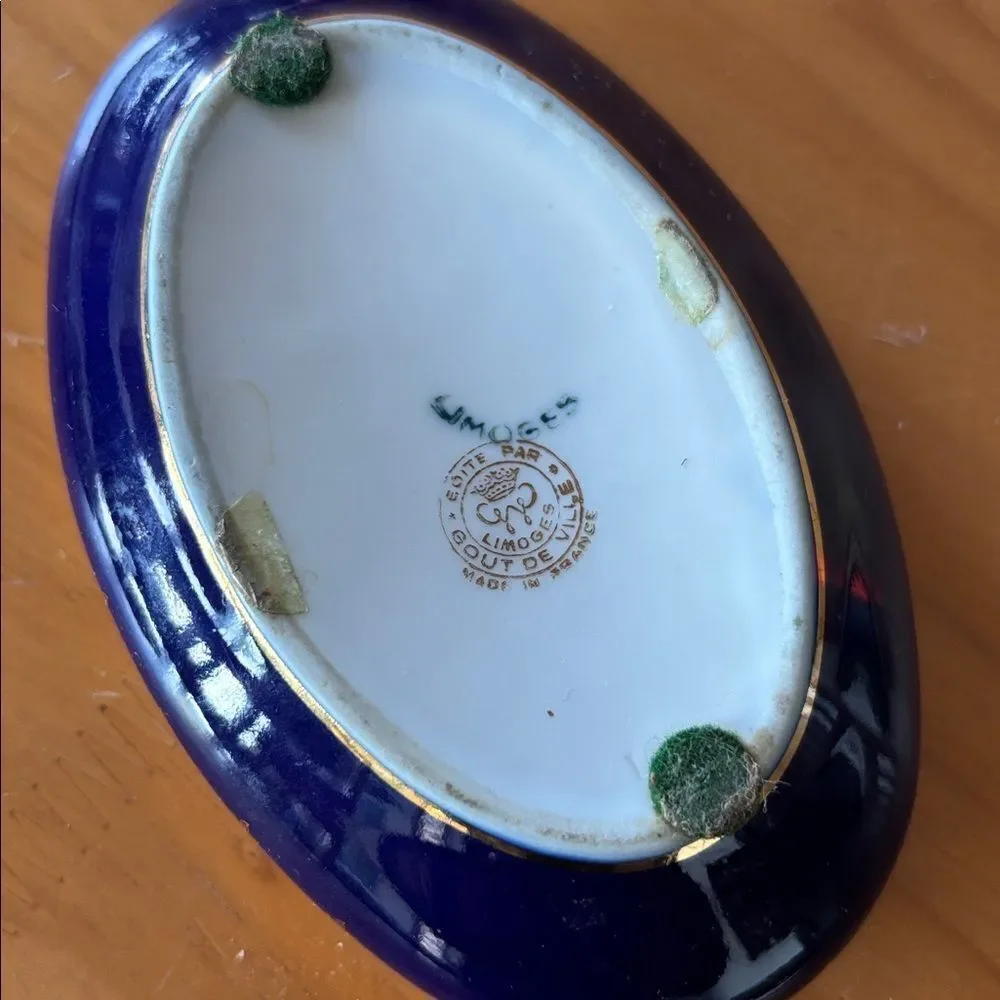 Limoges Porcelain Deep Blue and Gold Oval Trinket Box With Lid