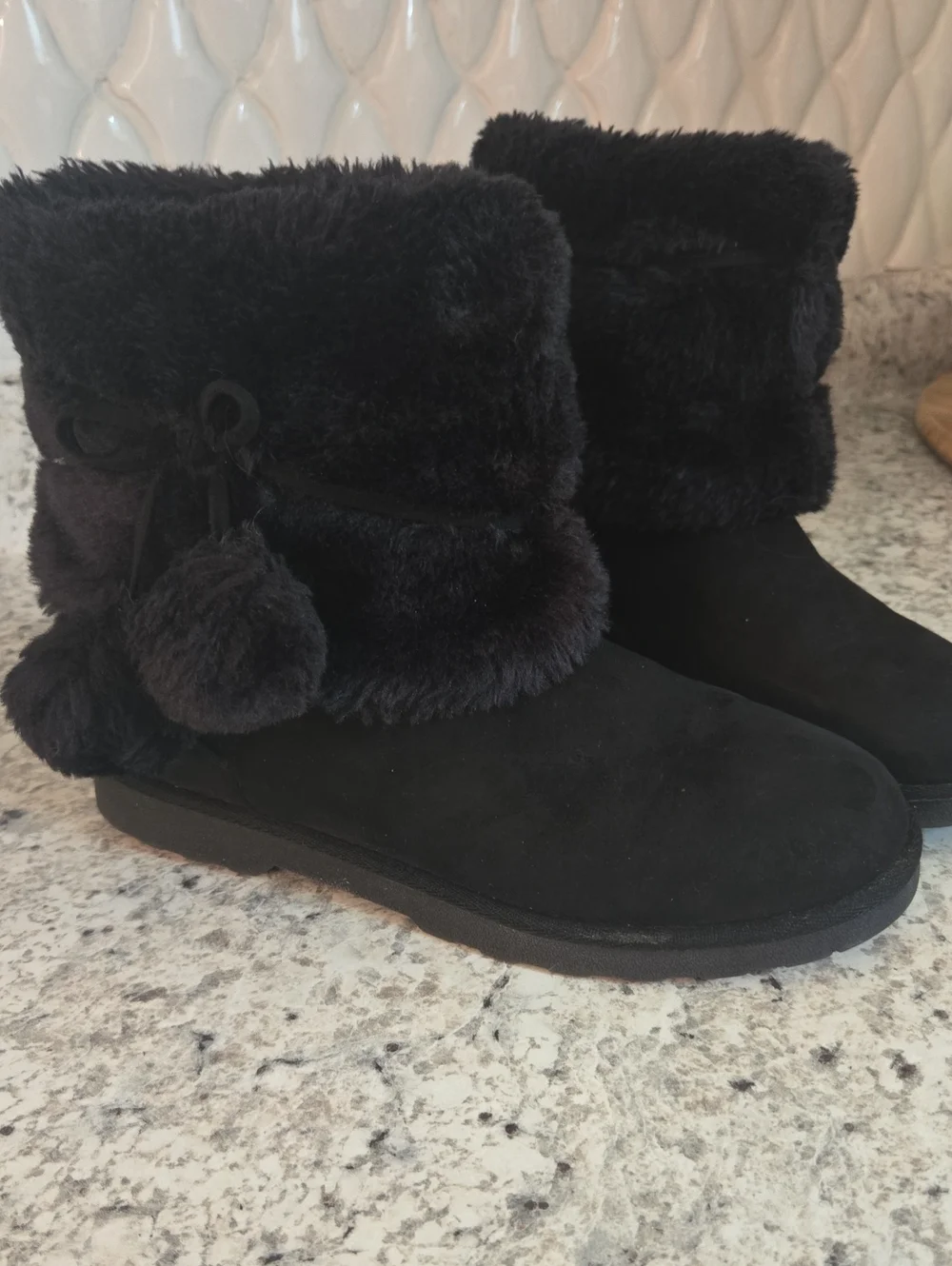Women’s Black Faux Fur Winter Boots with Pom Detail