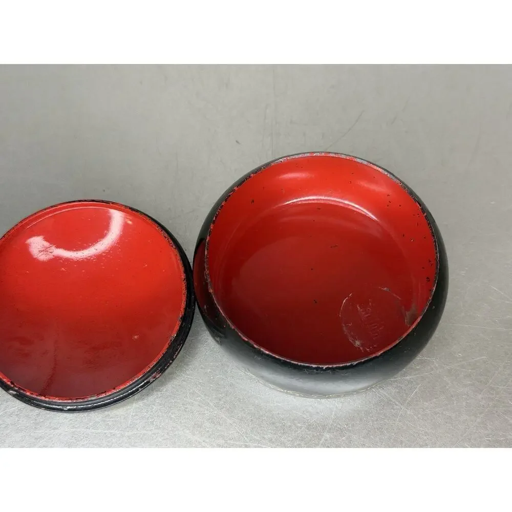 VTG Russian Black Round Metal Trinket Box Hand Painted Flowers Red Interior