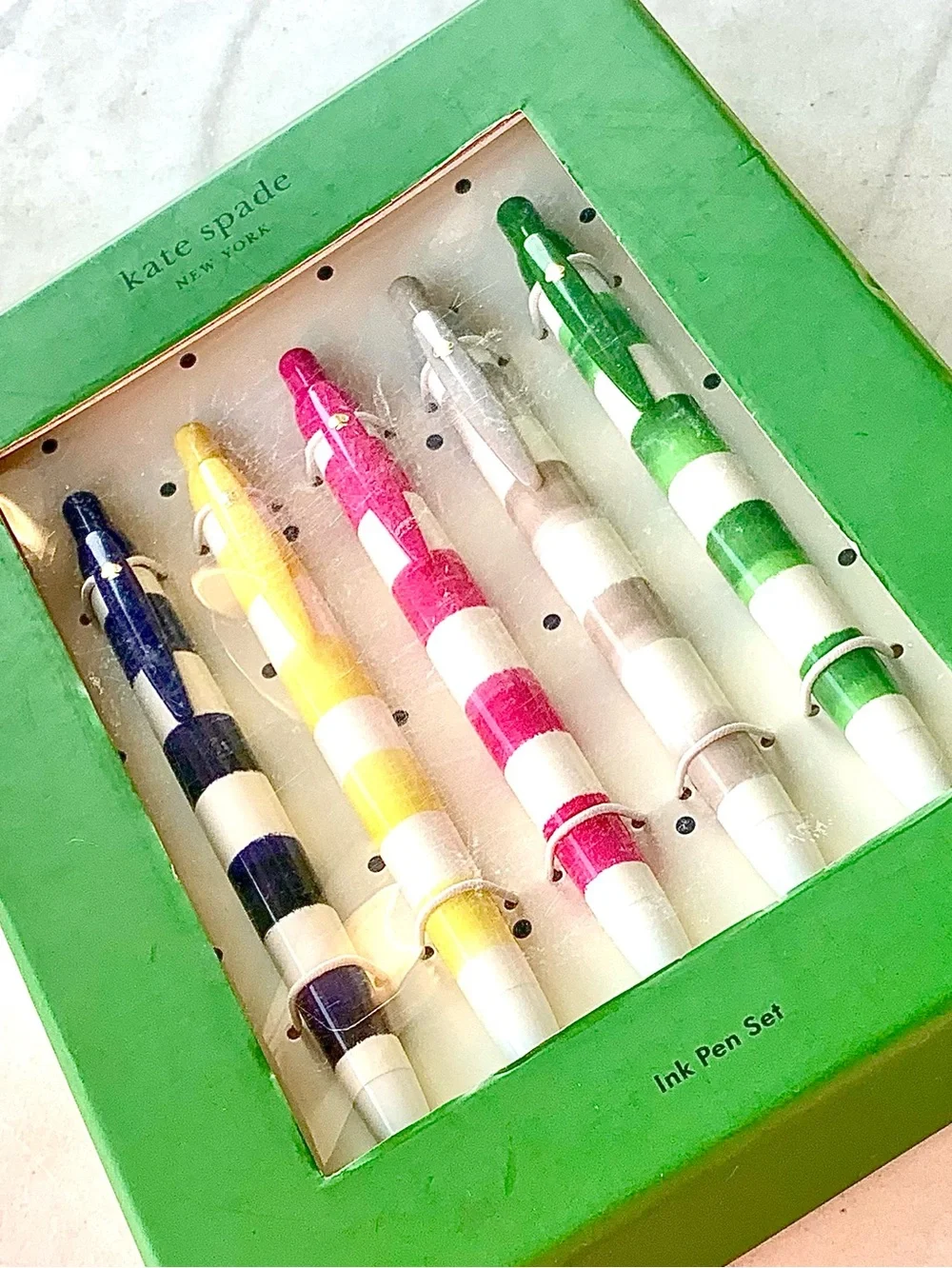 KATE SPADE NEW YORK RUGBY STRIPE PEN SET 5 Navy, Yellow, Pink, Gray, Green NIB