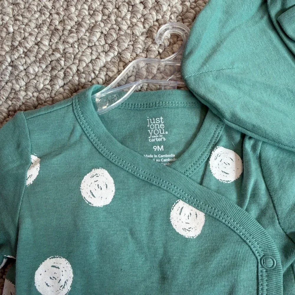 Carters Baby‎ Girls 3pc Teal Polka Dot Bodysuit Pants Hat Set Size 9 Months
