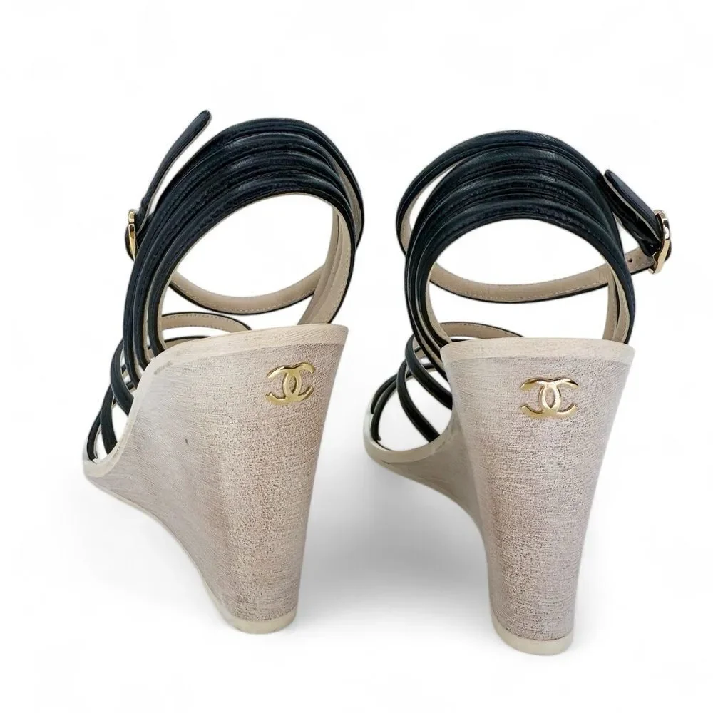 CHANEL Black & Eggshell CC Logo Wedge Heel Sandals IT38.5