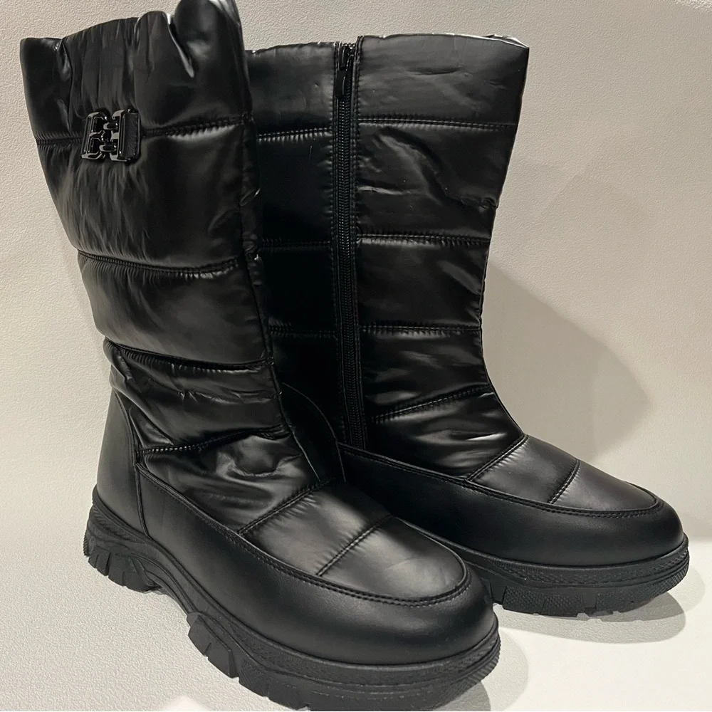 NIB FINIWOR Black Waterproof Faux Fur Lined Snow Boots Mid-Calf Size 11