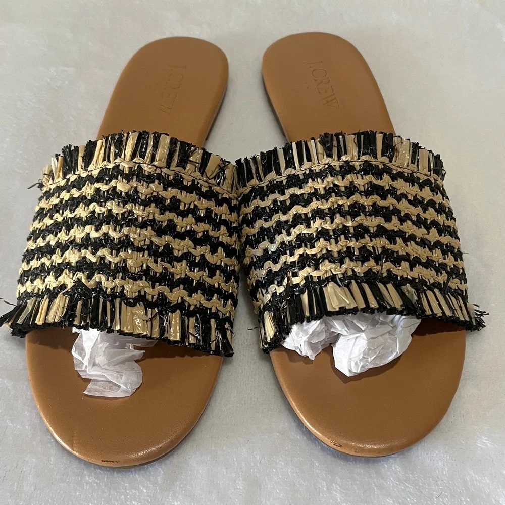 J Crew size 7 Raffia woven black and cream slide sandals