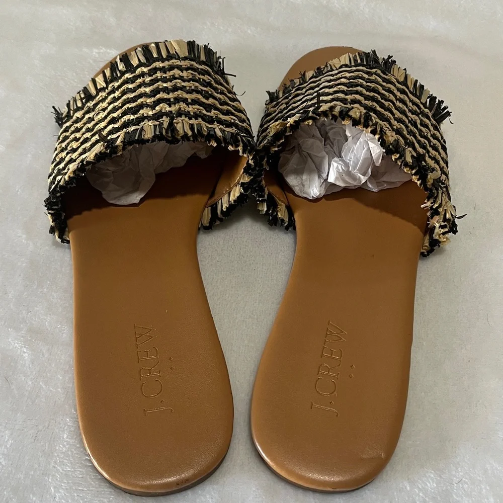 J Crew size 7 Raffia woven black and cream slide sandals