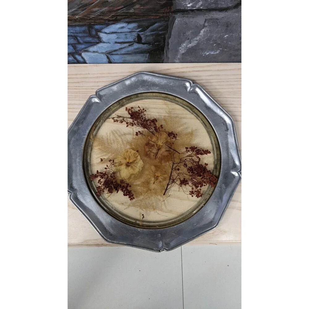 Colorflo Lucite Pewter Plate Trivet Tray dried Flowers Wall Decor  Cottagecore
