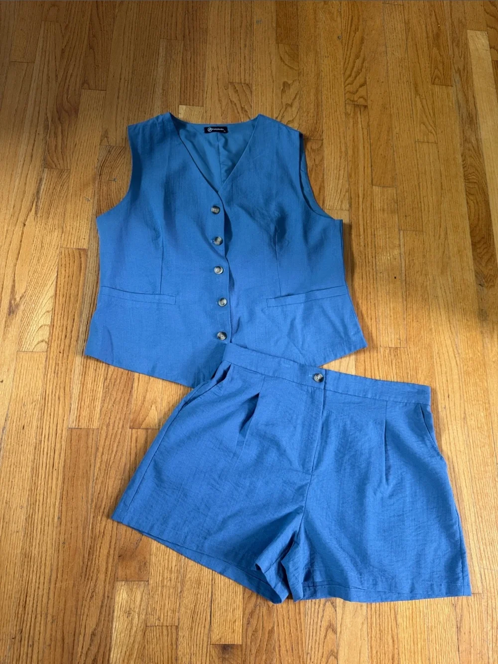 Blue Sleeveless Button Vest & High-Waist Shorts Set