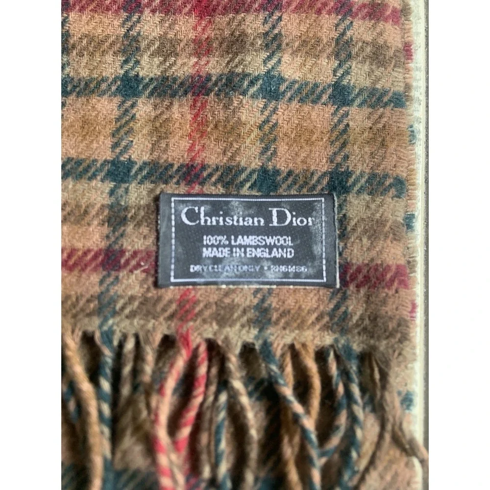 Christian Dior 100% Lambswool Scarf Fringe Made in England 55x12 Plaid Authentic