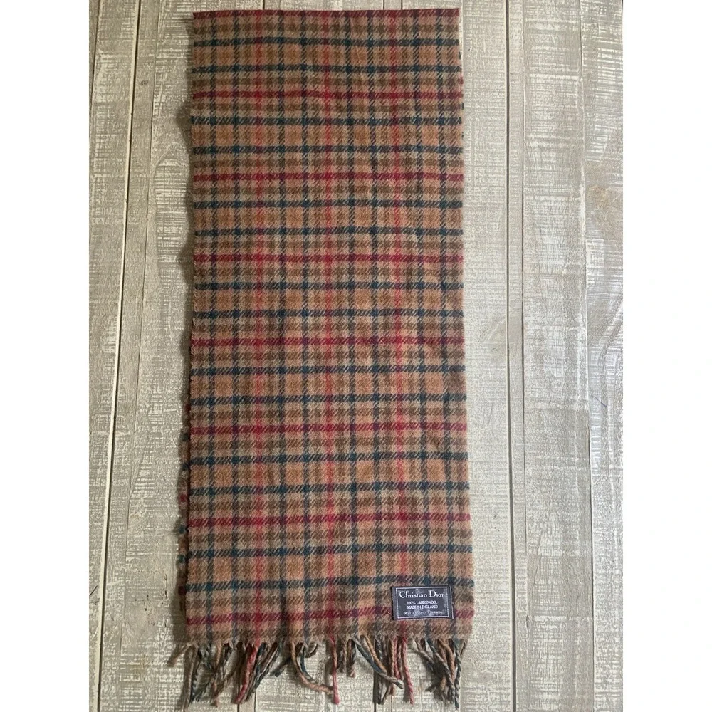 Christian Dior 100% Lambswool Scarf Fringe Made in England 55x12 Plaid Authentic