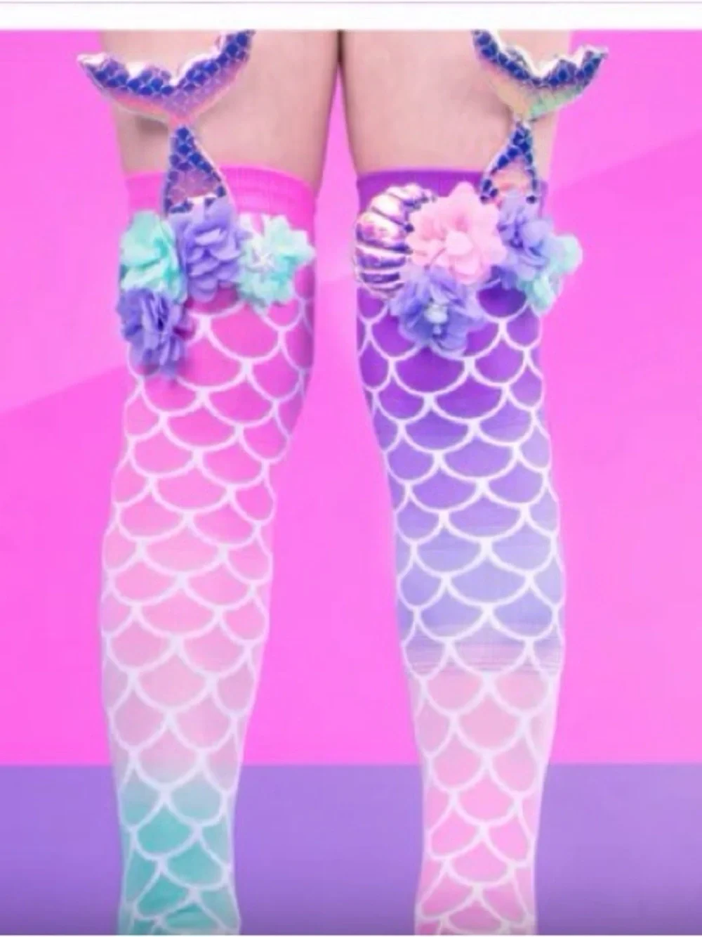Mermaid Scale Thigh-High Socks - Pink & Purple Floral Accent
