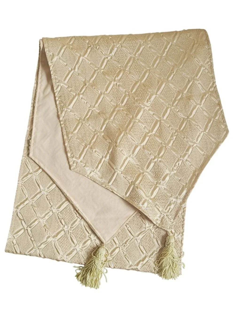 Vtg Y2K Table Runner Tapestry Geometric Pattern Gold Beige Tassels Glam