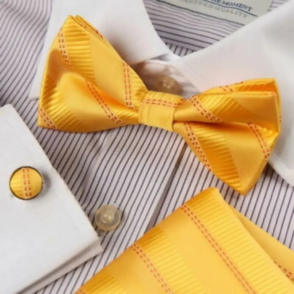NEW Epoint Yellow‎ Stripe Bow Tie Cufflinks Set