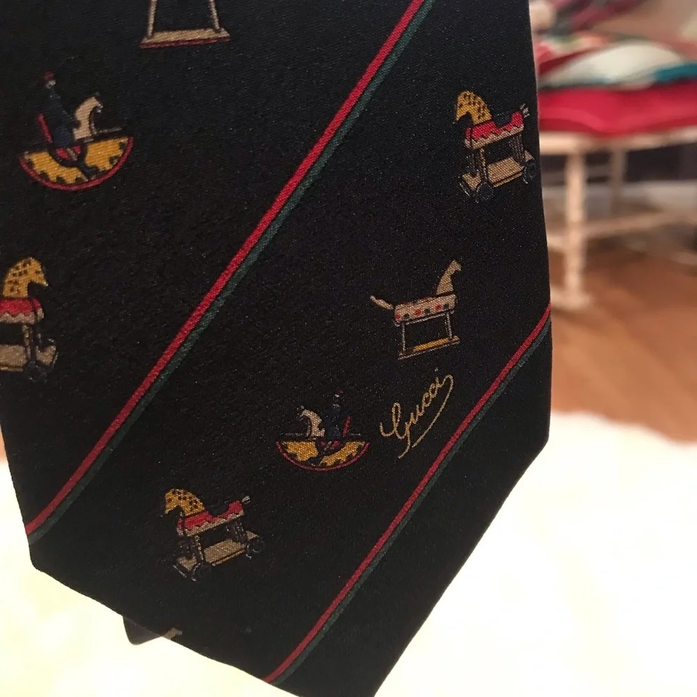 Gucci Vintage 80s–90s Silk Tie Rocking Horse Toy Motif Rare Holiday Collectible