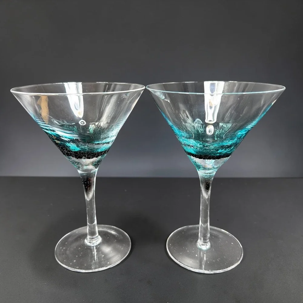 Pier 1 Teal Blue Crackle Glass Martini Glasses Cocktail Stemware‎ Cups Set of 2