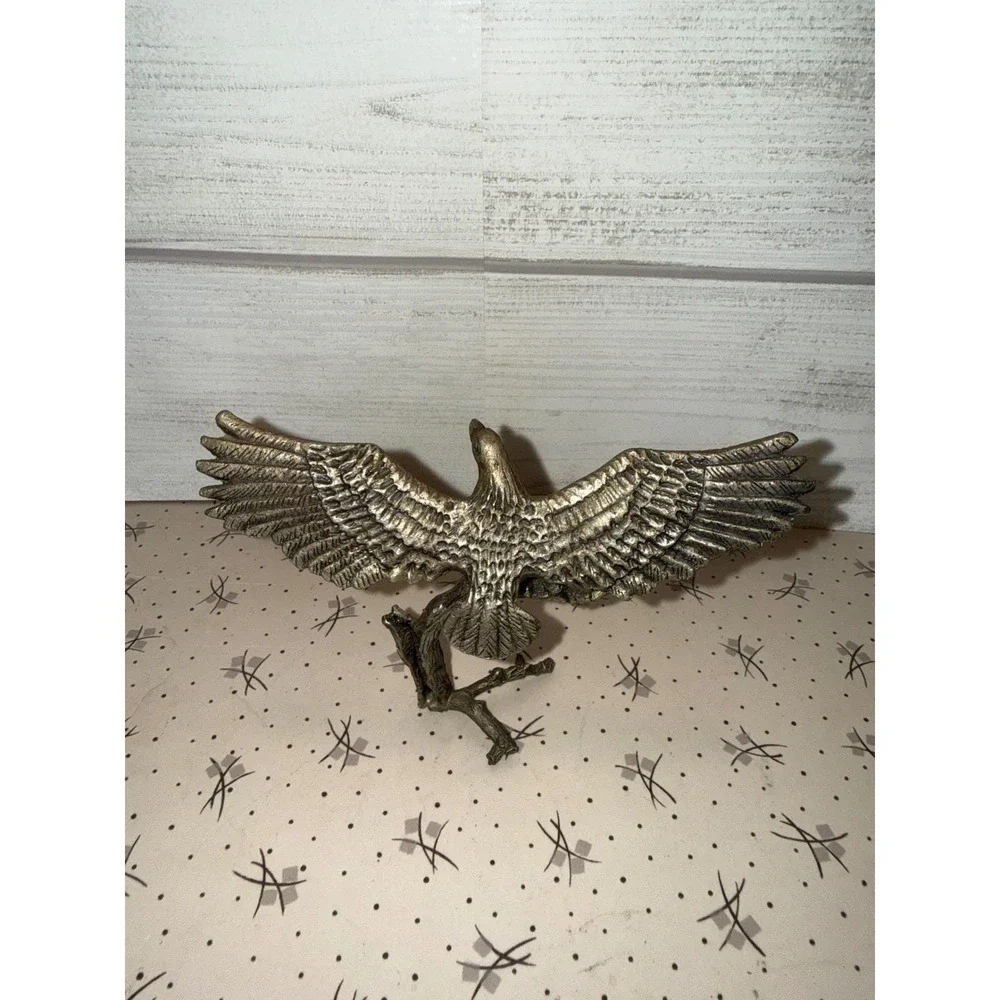 Vintage Brass Eagle Figurine‎ Perched on Branch Soaring Bird Statue Bronze Tone