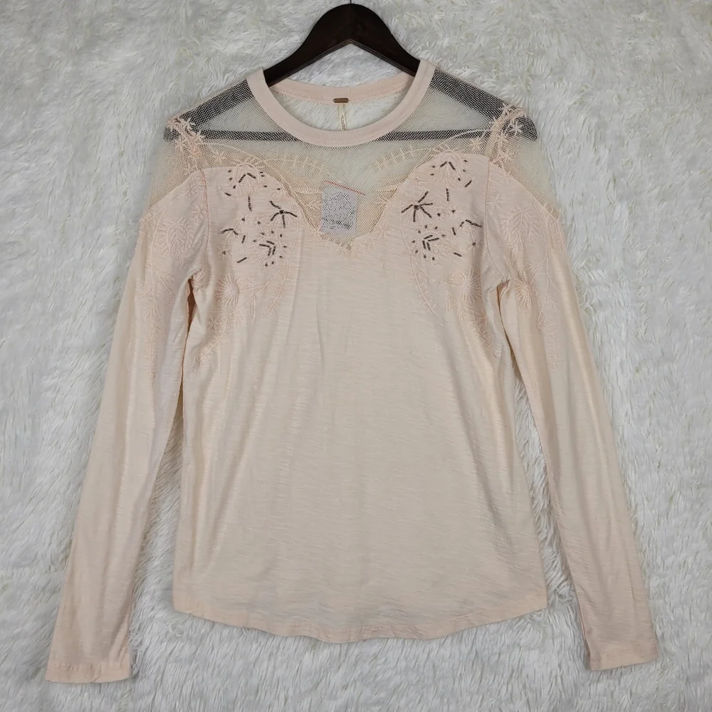 NWT‎ Free People Sz S Pink Embellished Mischa Lace Mesh Top Coquette Beaded