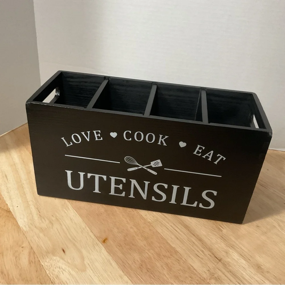 Large Kitchen Utensils Holder Customizable Compartments Wooden Utensil Organize