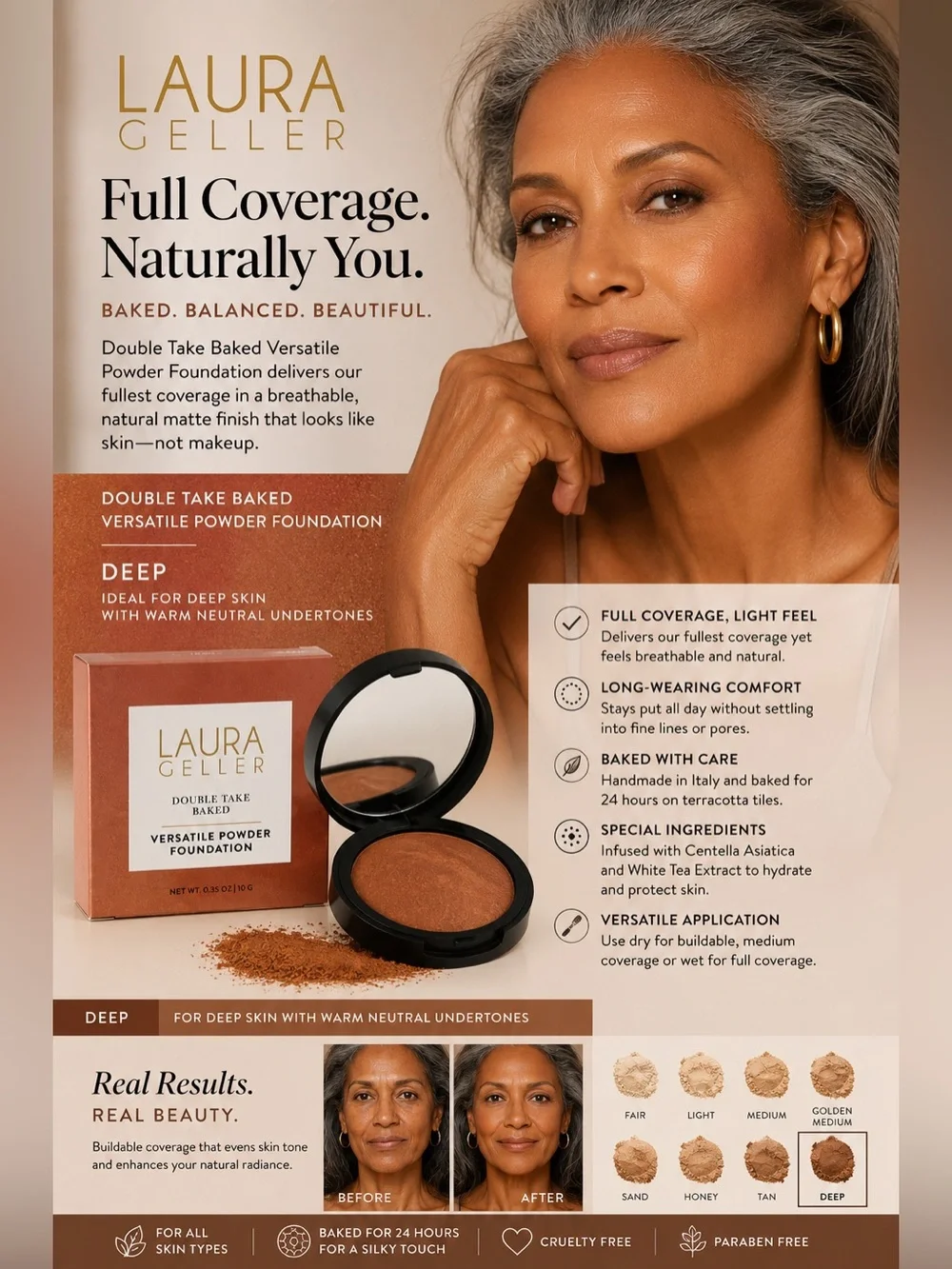 Laura Geller Double Take Baked Powder Foundation (Deep) – Full Coverage Matte