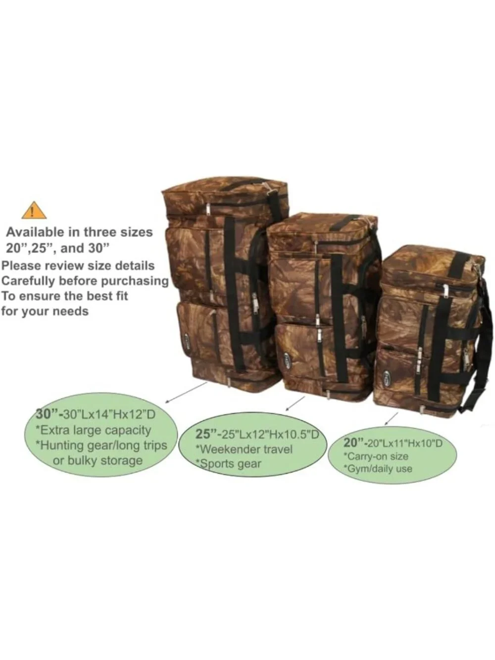 20-Inch Camouflage Duffle Bag for Outdoor, Sports, Gym & Travel - 5 Colors