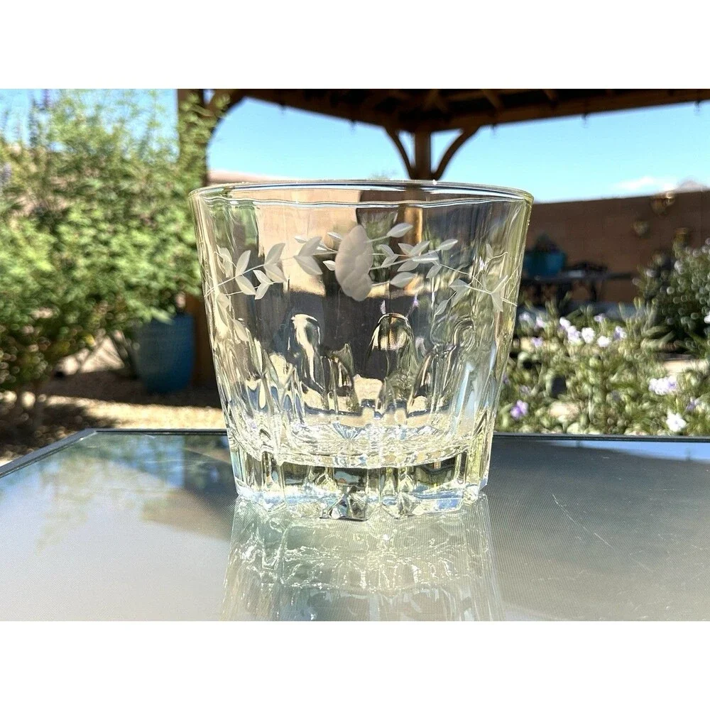 Vintage Princess House Heritage Crystal Ice Bucket Etched Floral Glass 5.5”