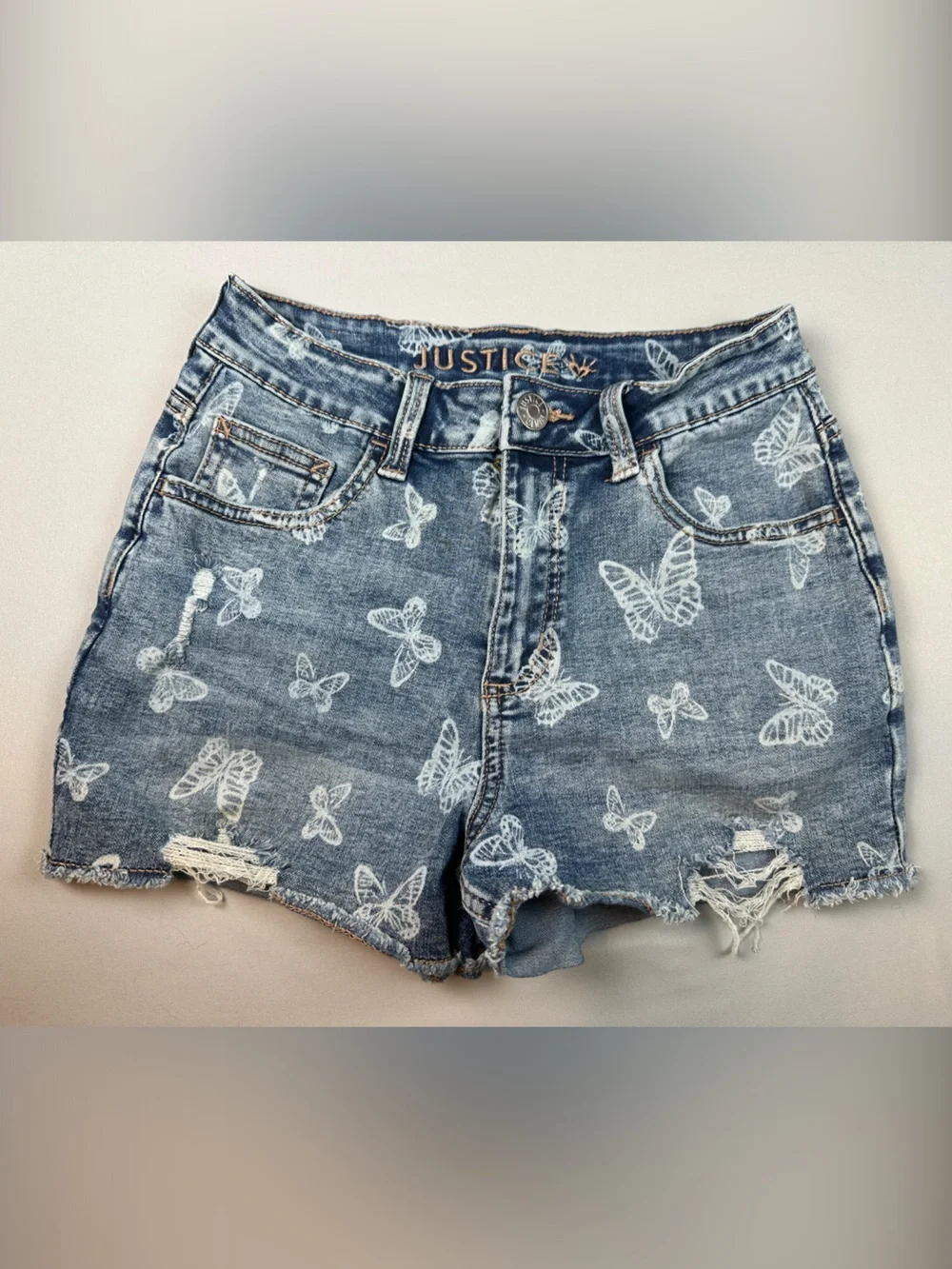 Justice Jean Denim Shorts 14 Blue White Butterfly Distressed