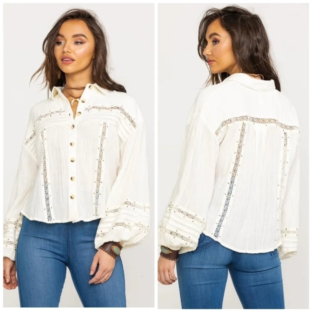 Free People Ivory Crochet Trim Flowy Long Sleeve Button Down Top