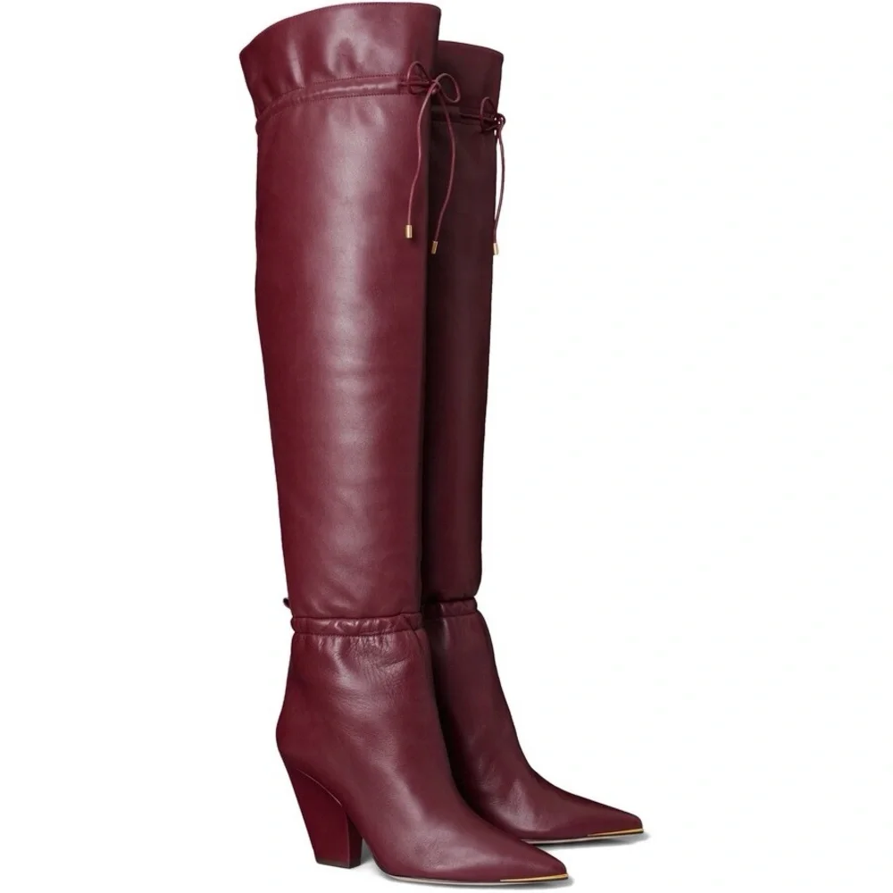 Tory Burch Lila Burgundy Leather Over the Knee Block Heel Boots Luxury 7