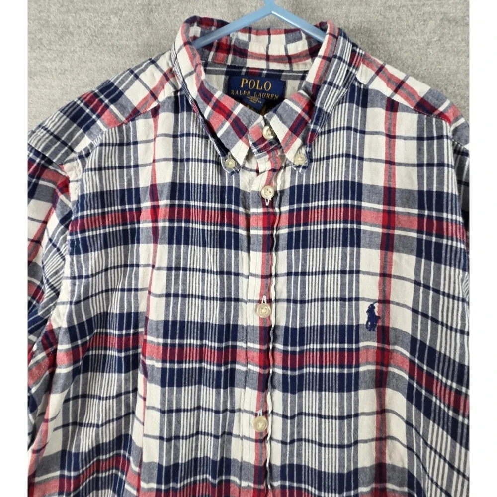 RALPH LAUREN Boys XL 18-20 Button Up SHIRT Short Sleeve RED White Blue PLAID