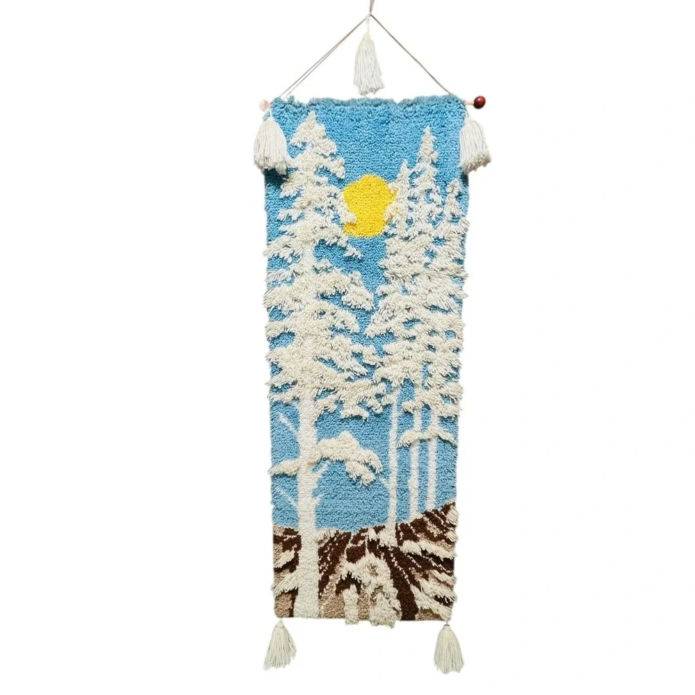 Large 6' MCM 70s‎ 3D Shag Latch Hook Wall Hanging Sun Trees Landscape Snow Retro