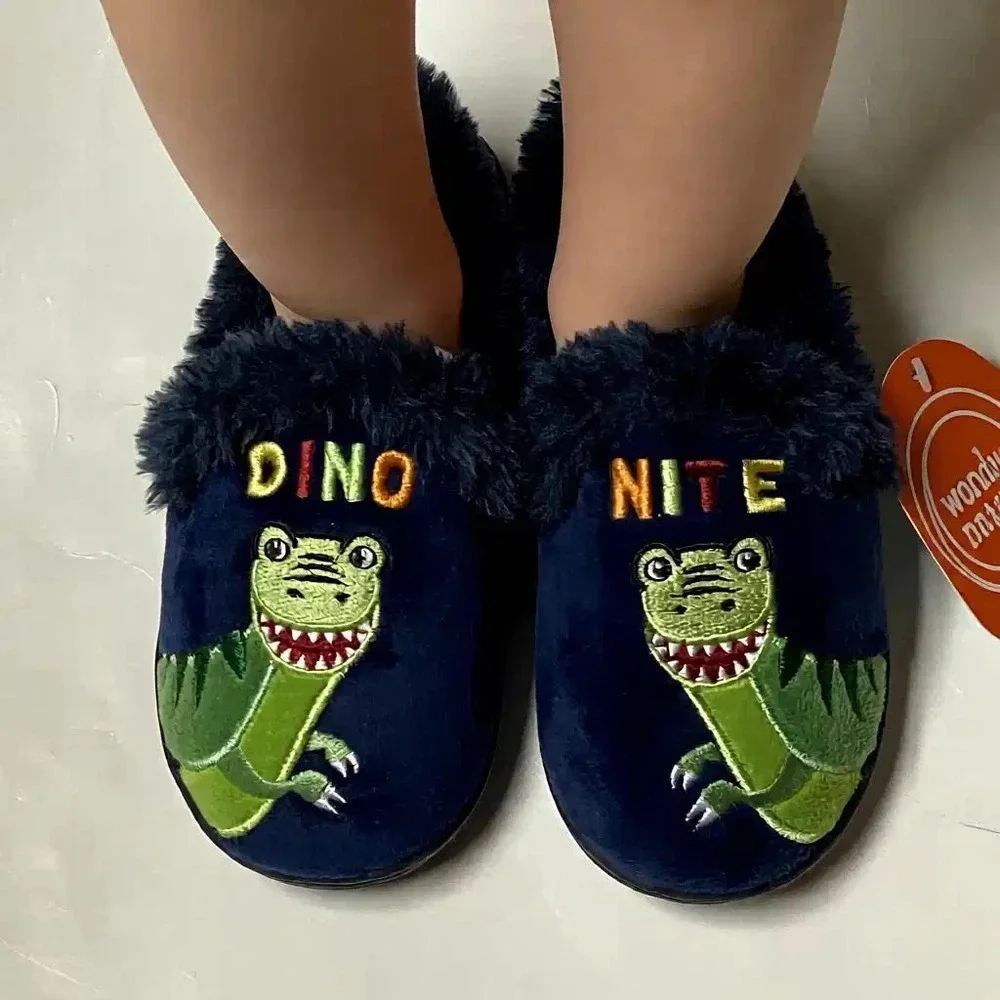 Wonder Nation Kids Navy Blue Dinosaur Dino Nite Slippers Size 9-10‎ NWT
