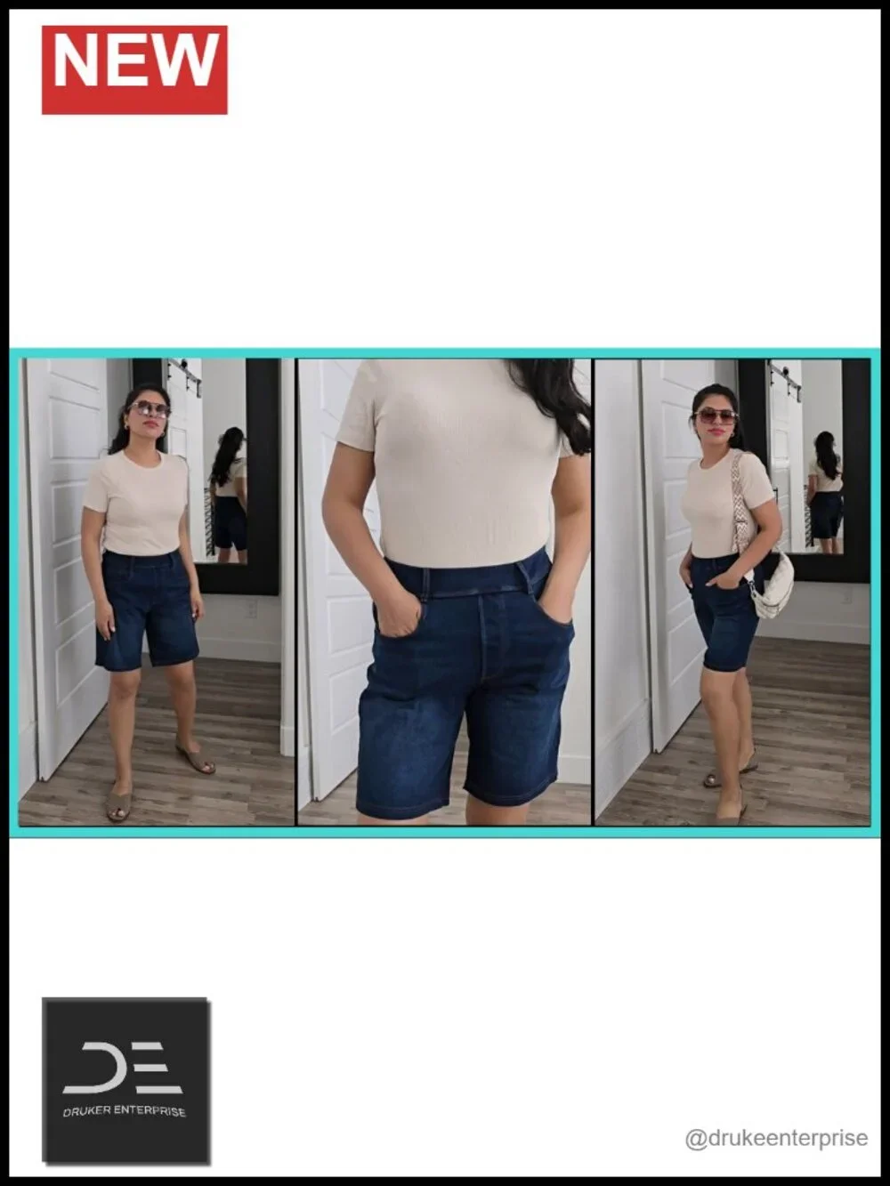 High Rise Stretchy Denim Bermuda Shorts Pull On Tummy Control Jorts