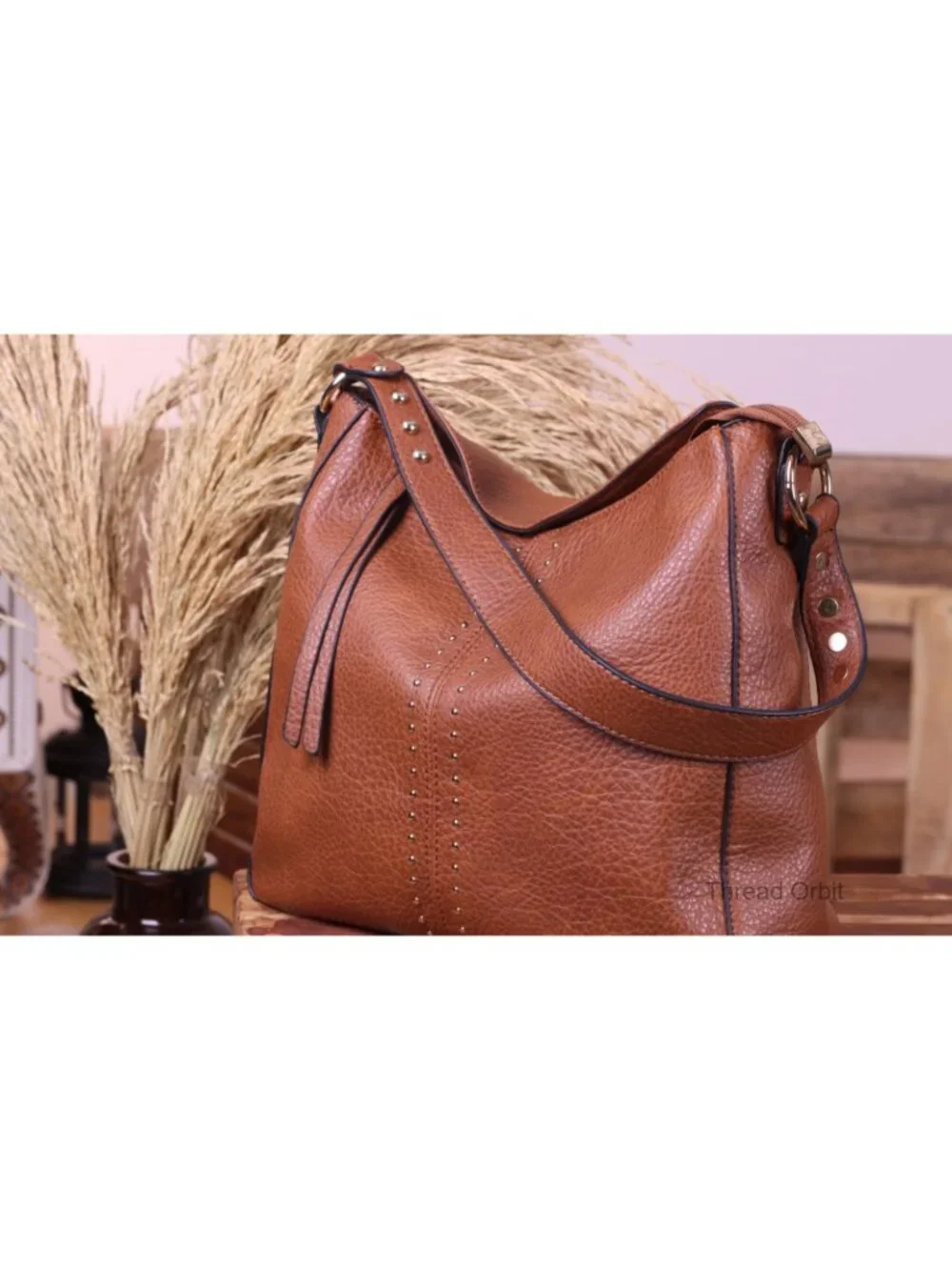 Studded Faux Leather Hobo Bag with Zip Closure, Detachable Crossbody Strap