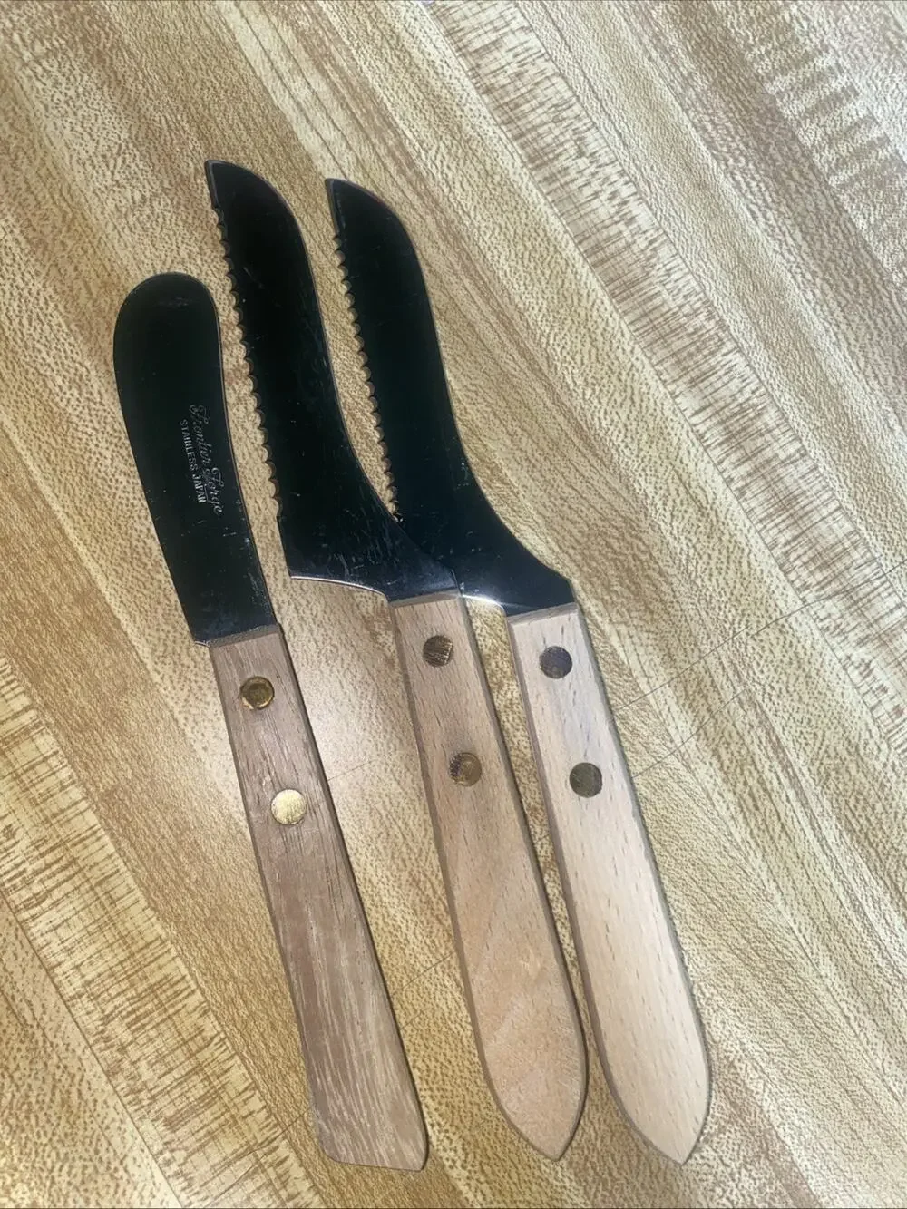 3 Cheese Knives Stainless Steel Wood Handle Vintage JAPAN Frontier Forge